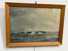 ERIC TUFNELL (1888-1978): A watercolour of submarine in choppy waters, 25.5cm x 36.5cm, framed and
