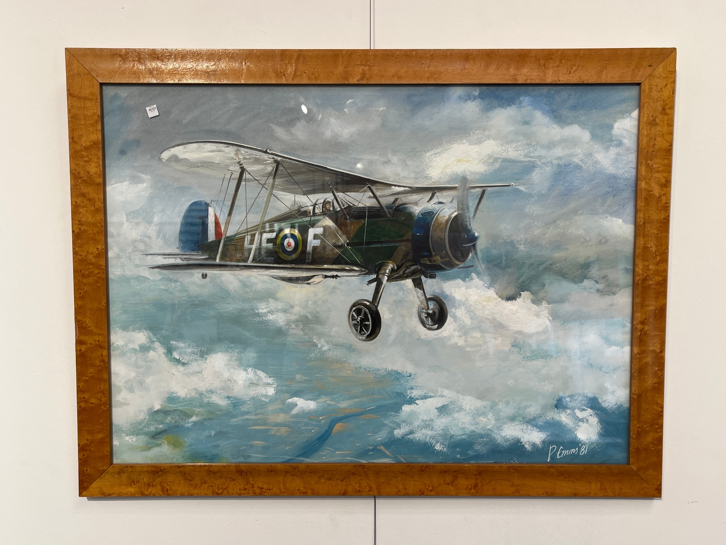 P. EMMS (XX): An oil of biplane in flight, framed and glazed