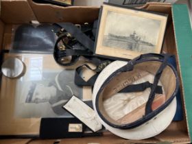 A quantity of WWII Royal naval items including portrait photo, photos of ships, pocket book and