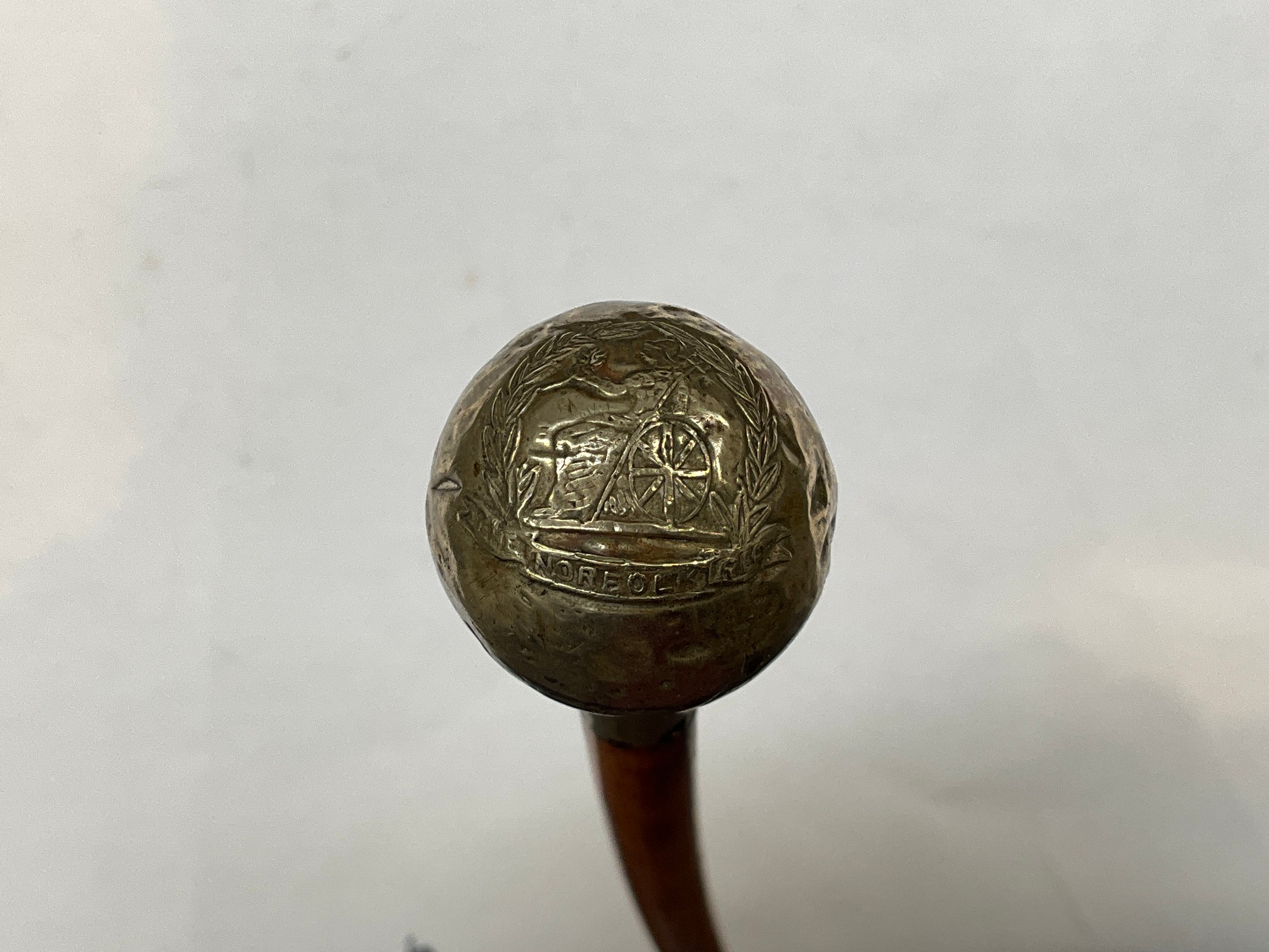An early-mid 20th Century Norfolk Regiment Officer's swagger stick, globular knop