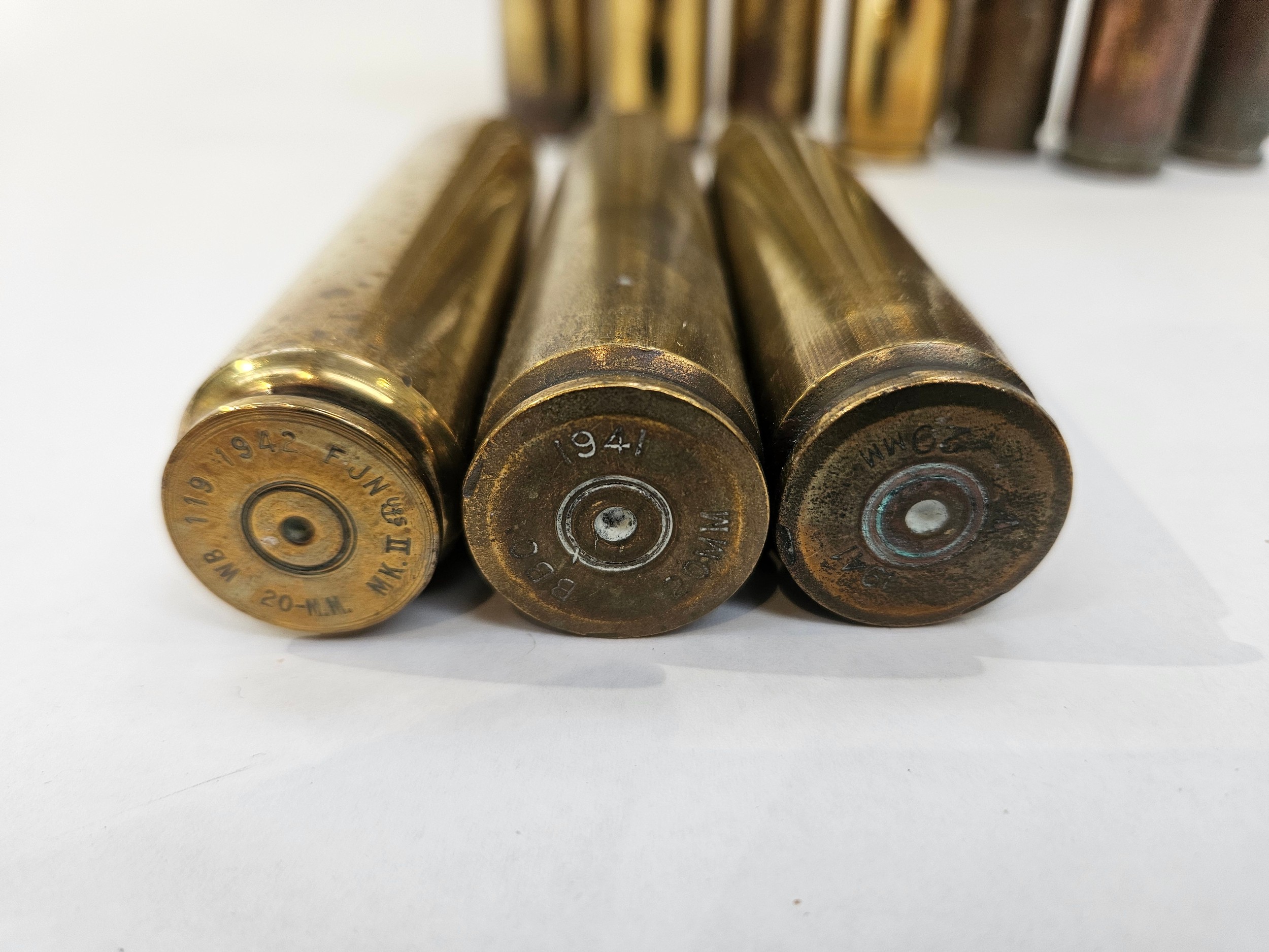 Ten 20mm cannon shell cases as used by RAF Spitfires, Hurricanes and Tempests, including 1941, - Image 2 of 4