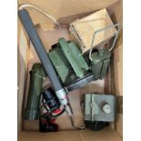 Two boxes of mixed militaria including mine prodder, clacker (a/f), lamps, medic bag, inspection