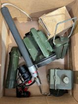 Two boxes of mixed militaria including mine prodder, clacker (a/f), lamps, medic bag, inspection