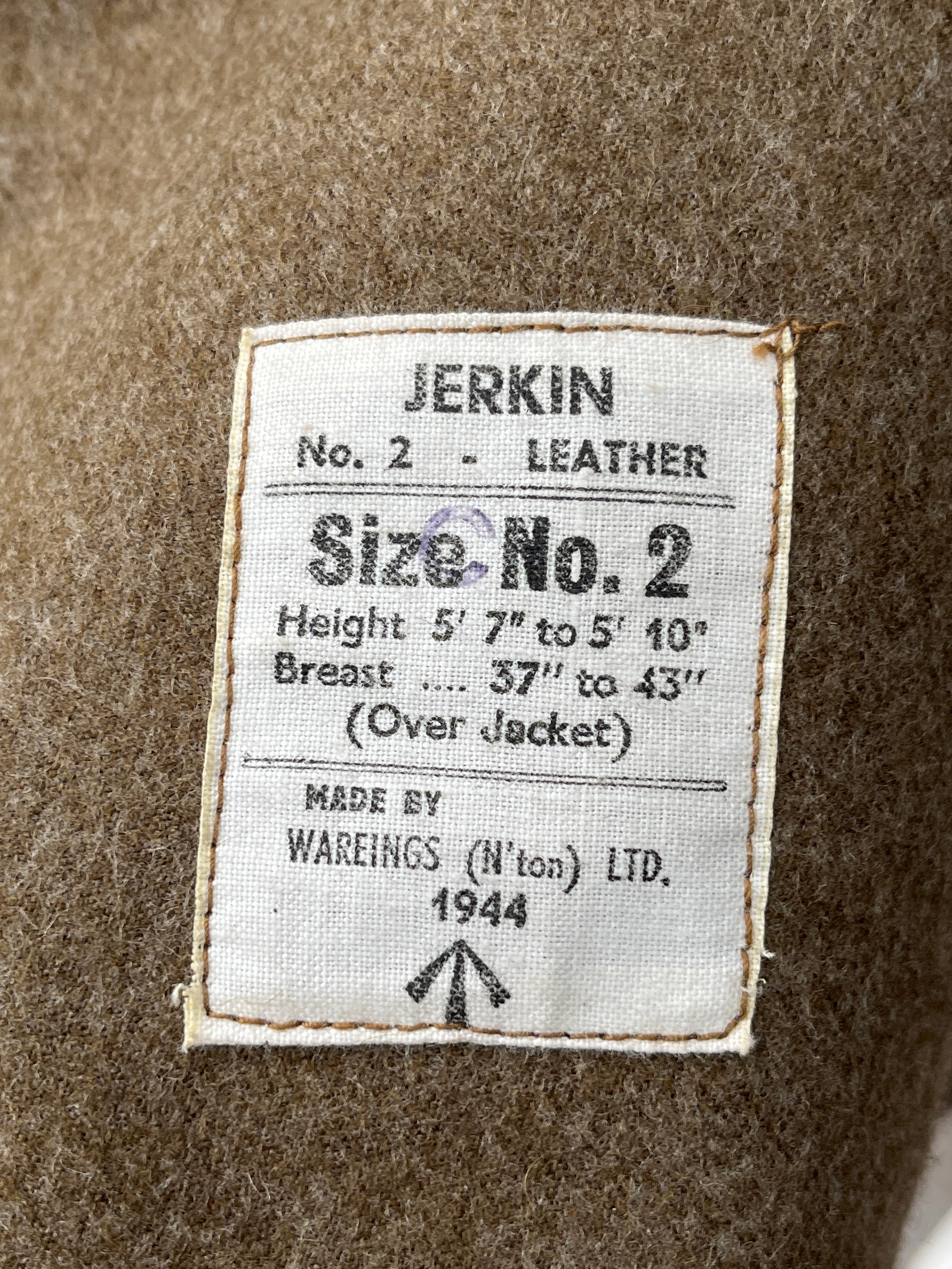 A WWII British leather jerkin, dated 1944, size no. 2 - Image 2 of 4