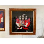 A silk embroidery of British coat of arms and Naval emblems including unicorn, lion and tall ship,