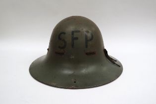 A WWII British SFP Home Front Helmet with liner and SFP to front (Supplementary Fire Party)