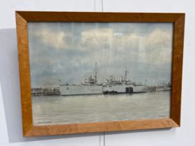 ERIC TUFNELL (1888-1978): A watercolour of HMS Maidstone, docked, 25.5cm x 36.5cm, framed and