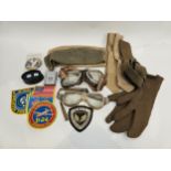 A box of miscellaneous militaria including goggles