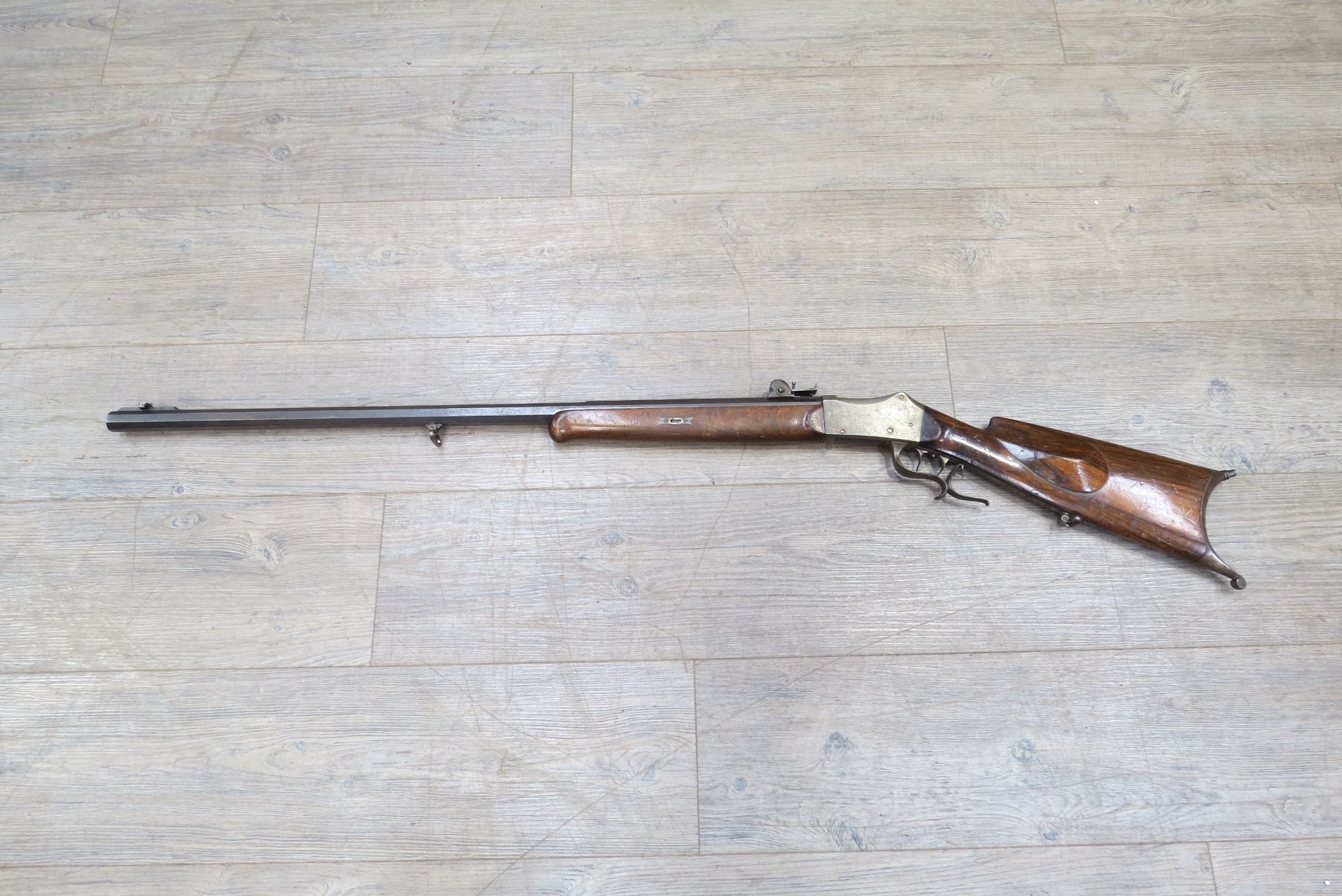 A late 19th Century Swiss Martini action obsolete calibre 7.5 x 53 rimless cartridge target rifle, - Image 8 of 8