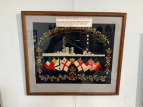 A silk embroidery of HMS King George V, 36cm x 45cm, framed and glazed