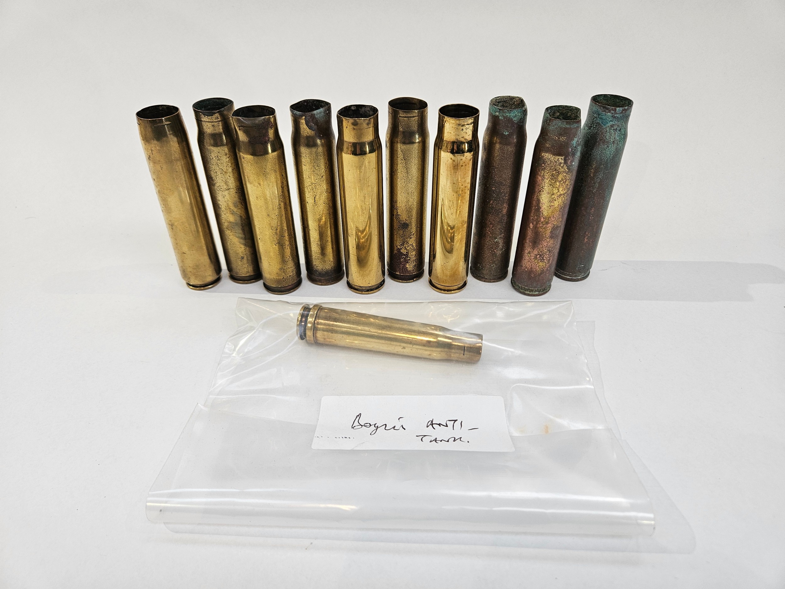 Ten 20mm cannon shell cases as used by RAF Spitfires, Hurricanes and Tempests, including 1941,