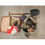 A hold-all and suitcase of mixed militaria including water bottles, putties and an entrenching tool