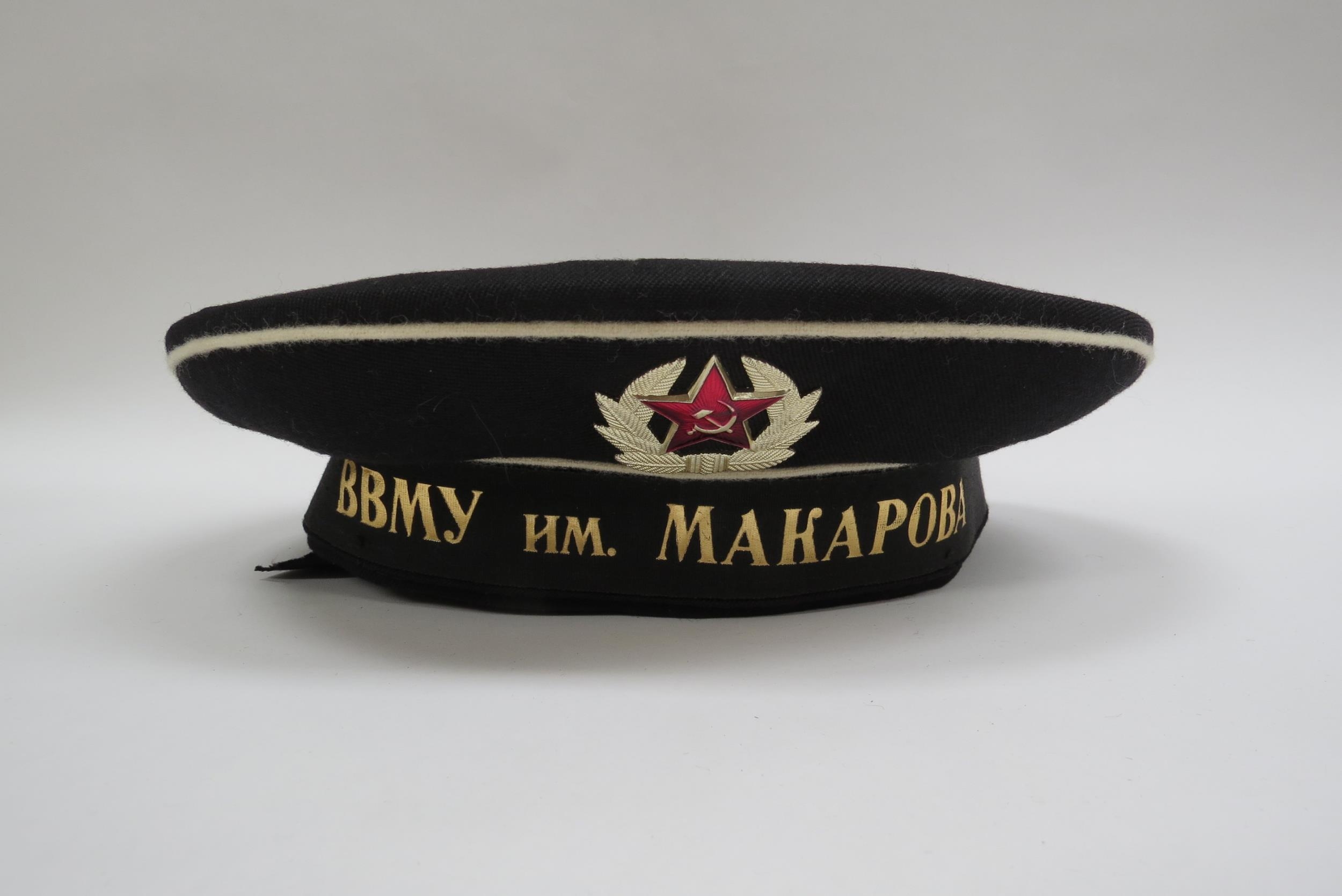 Three USSR Russian Soviet Navy sailor's caps, black with white piping, each with hammer and sickle - Image 4 of 7