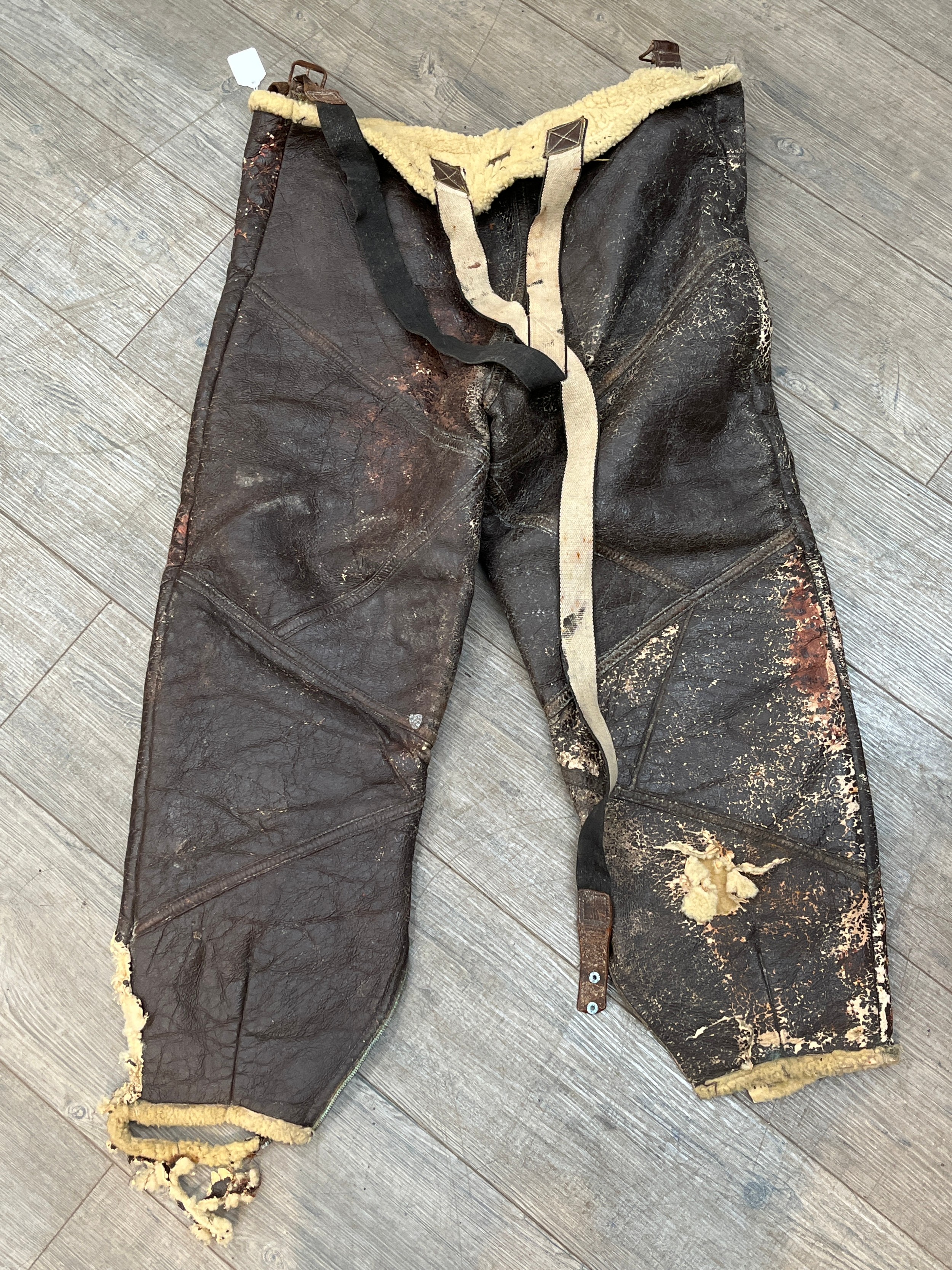 A pair of WWII USAAF A-3 Sheepskin flying trousers in relic condition - Image 3 of 3