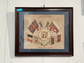 A silk embroidery of ‘Gibraltar Present - United for Freedom’, flags of the allies with central