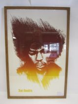 A vintage lithograph poster of Jimi Hendrix, possibly by Osiris Visions, showing a stylized portrait