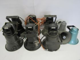 Six Inter M HS-20 horn speakers, two Eagle HDA-6/8 horn speakers and a Realistic Power Horn 40-