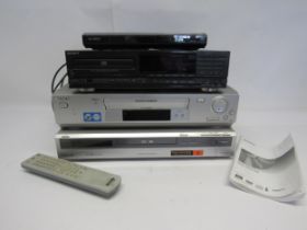 A Sony CDP-M79 CD player, Sony DVP-SR760H DVD player, Sony SLV-SE20G video cassette recorder and