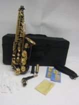 An Eavone Pop Series ESA 1300 alto saxophone, finished in black with gold coloured keys and etched