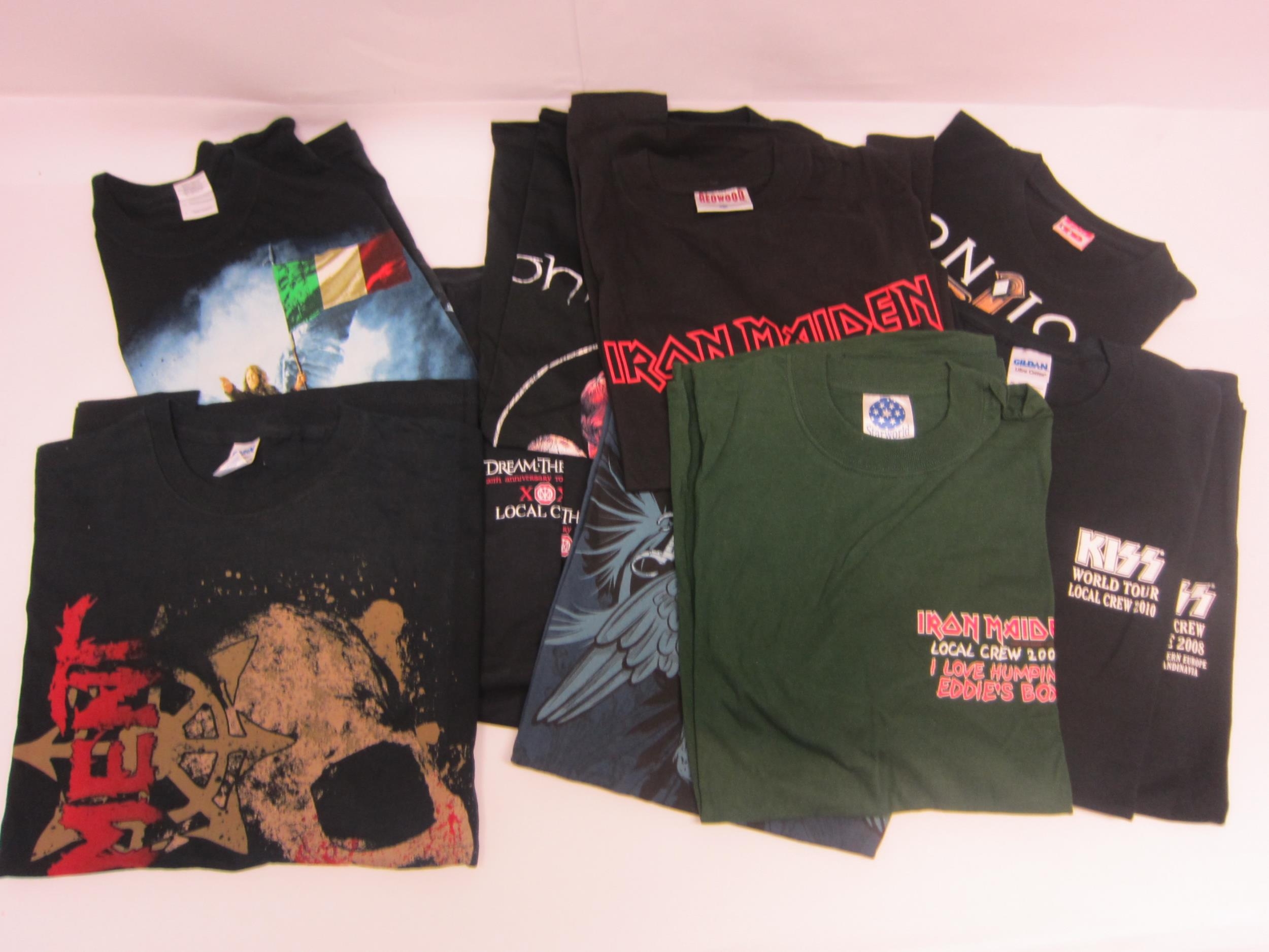 Eleven Rock and Heavy Metal band crew and tour t-shirts to include Iron Maiden (x2), Kiss (x2),