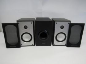 A pair of Mordaunt-Short MS902 bookshelf speakers and a Panasonic SB-HWA488 subwoofer
