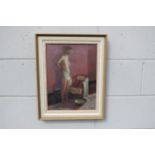 PETER L. FOLKES (1923-2019) (ARR) A framed oil on canvas of a female nude at her wash basin.