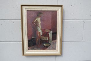 PETER L. FOLKES (1923-2019) (ARR) A framed oil on canvas of a female nude at her wash basin.