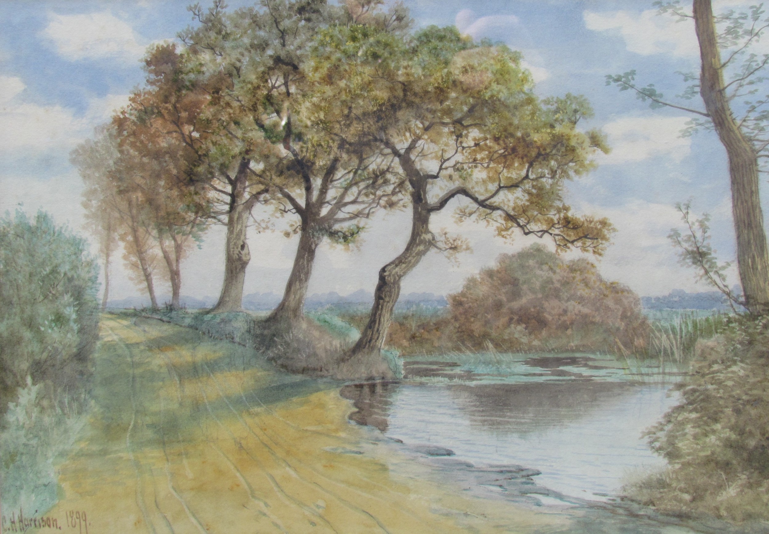 CHARLES HARMONY HARRISON (1842-1902) A framed and glazed watercolour, Broadland scene with trees. - Image 2 of 5