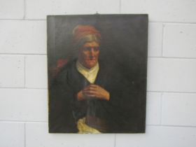 An early 19th century oil on canvas portrait of an elderly woman wearing a red head scarf, black