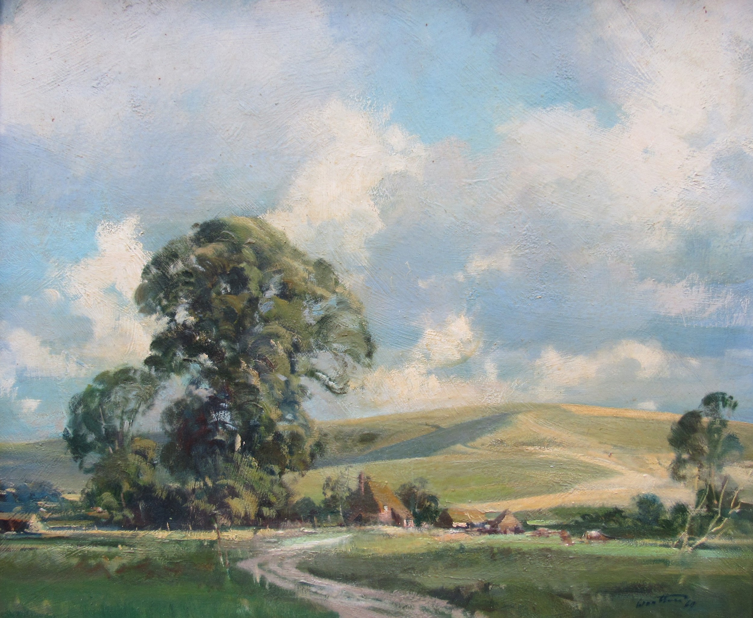 FRANK WOOTTON (1914-1998) (ARR) : An oil on canvas, valley with track leading to buildings, 'South - Image 2 of 6