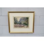 EMILY STANNARD (1875-1907): Watercolour depicting cottages on hillside with river and bridge at