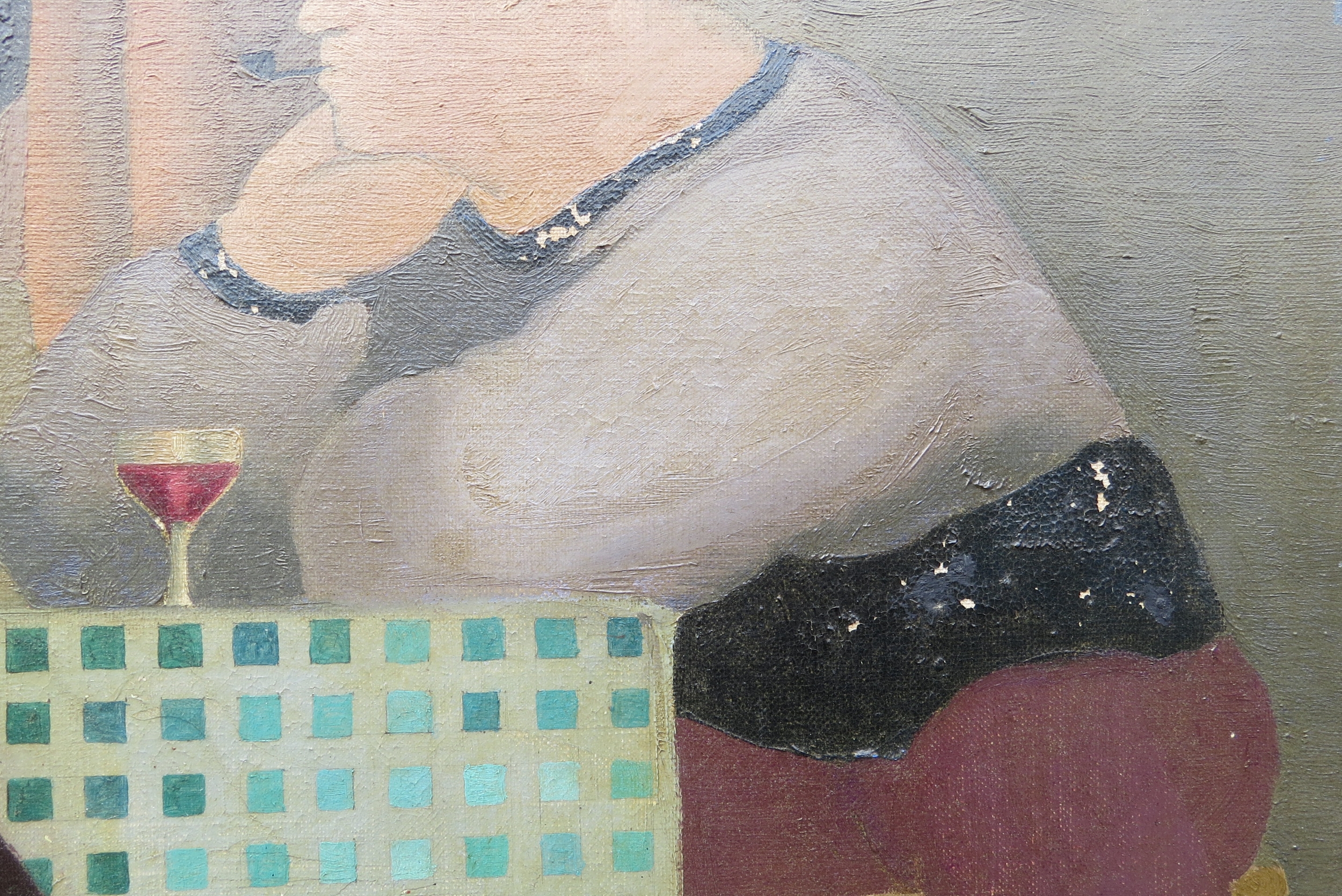 CHRISTINE (BACHELER) NISBET (1902-1991) A framed oil on canvas, interior scene with figures, - Image 3 of 7