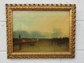 A late 19th Century oil on canvas, Dutch river scene with windmill. Unsigned. Set in an ornate