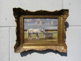 STEPHEN WALKER (1900-2004) A gilt framed oil on board, grey horse at water tank. Signed bottom