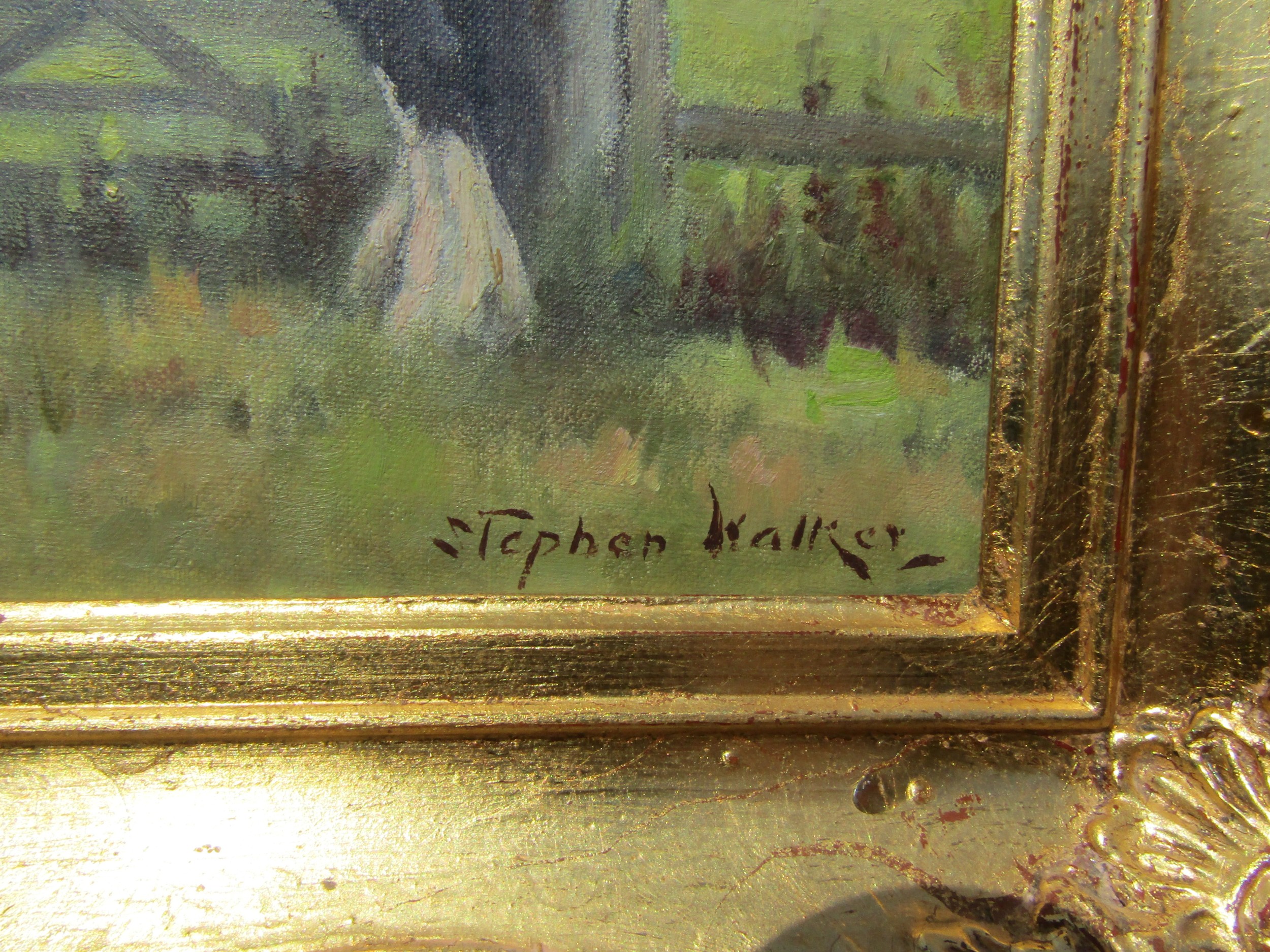 STEPHEN WALKER (1900-2004) A gilt framed oil on board, black horse by meadow gate. Signed bottom - Image 3 of 4