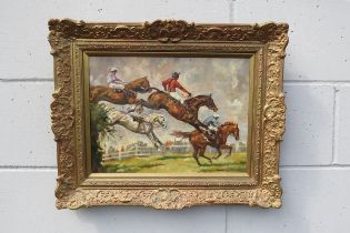 MARGARET BARRETT (b.1939) An ornate framed oil on canvas, Race horses jumping over fence. Signed