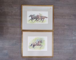 MARGARET BARRETT (b.1939) Two pastel on paper studies of Race horses and riders. Signed. Image sizes