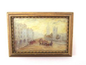 A late 19th Century watercolour on ivory panel, London scene depicting horse drawn carriages going