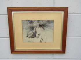 FRANK SOUTHGATE (1872-1916): A watercolour depicting Grey Partridge with young in the rain, signed
