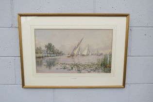 STEPHEN JOHN BATCHELDER (1849-1932): A watercolour of yachting on the Norfolk Broads, 33.5cm x 57cm,
