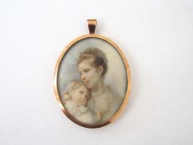 A late 19th Century miniature watercolour on oval ivory panel, portrait of a mother and child.