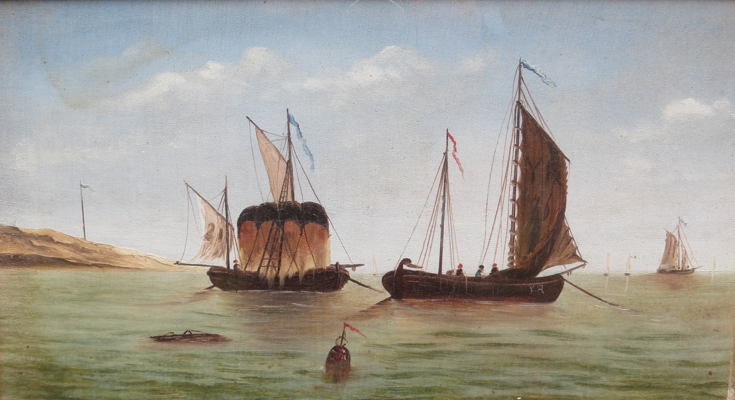 A 19th Century oil on canvas of figures on boats, unsigned, ornate gilt frame and glazed. Image size - Image 2 of 3