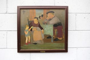 CHRISTINE (BACHELER) NISBET (1902-1991) A framed oil on canvas, interior scene with figures,