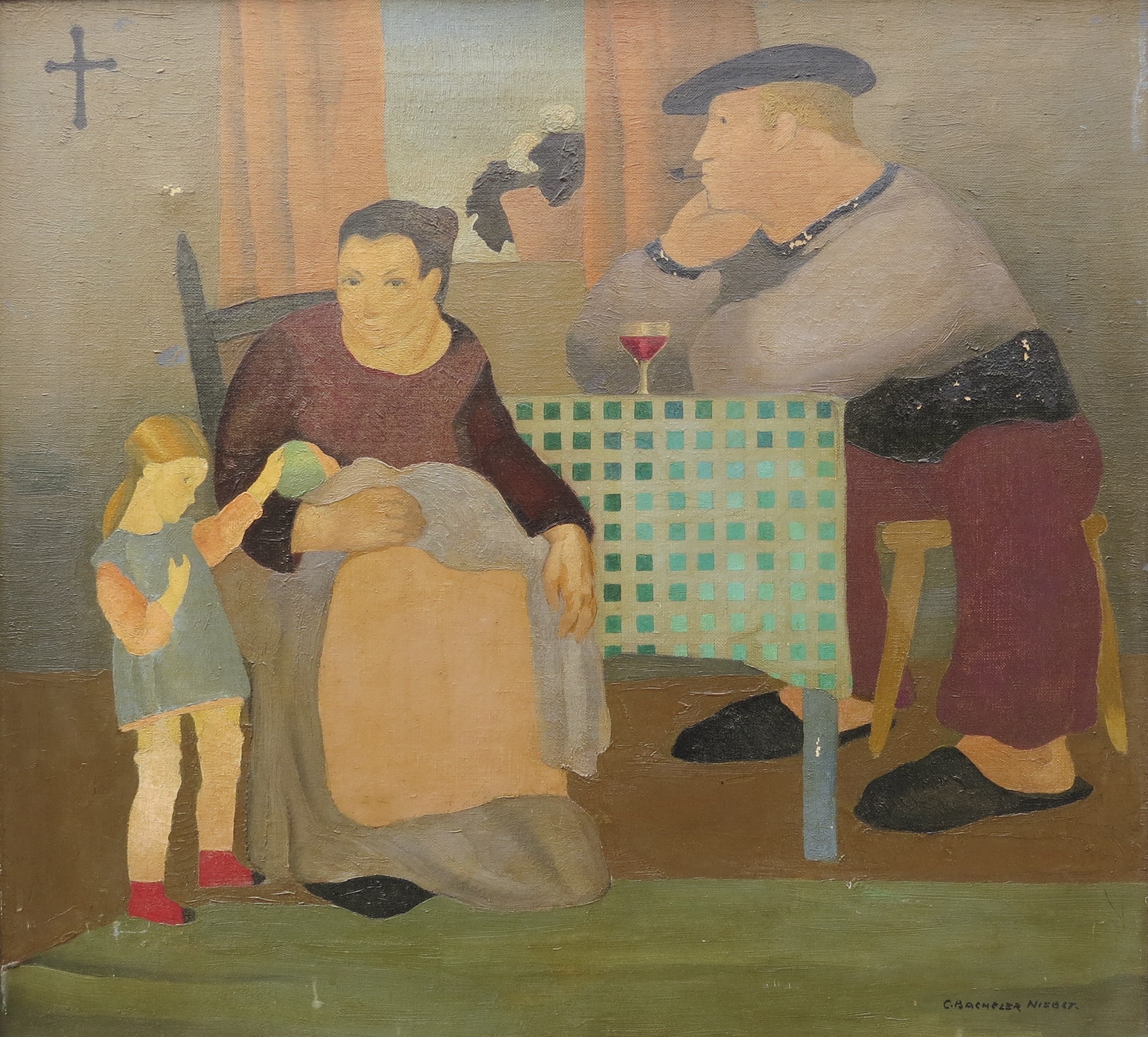 CHRISTINE (BACHELER) NISBET (1902-1991) A framed oil on canvas, interior scene with figures, - Image 2 of 7