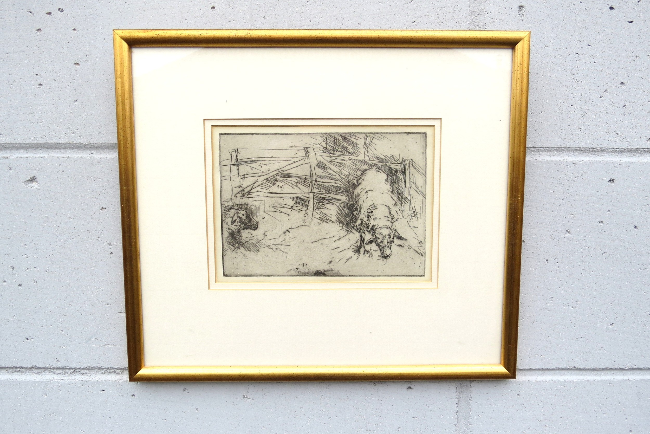 A framed and glazed lithograph after Harry Becker (1865-1928) Sheep in a pen. Unsigned. Plate size