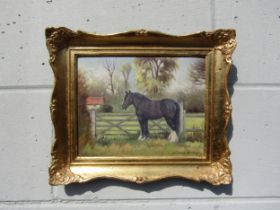 STEPHEN WALKER (1900-2004) A gilt framed oil on board, black horse by meadow gate. Signed bottom