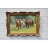 MARGARET BARRETT (b.1939) An ornate framed oil on canvas, Race horses and riders. Signed bottom