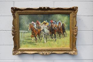 MARGARET BARRETT (b.1939) An ornate framed oil on canvas, Race horses and riders. Signed bottom
