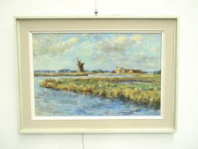OWEN WATERS (1916-2004) A framed oil on board - 'Mautby Marsh Farm & Mill, River Bure, Norfolk'.