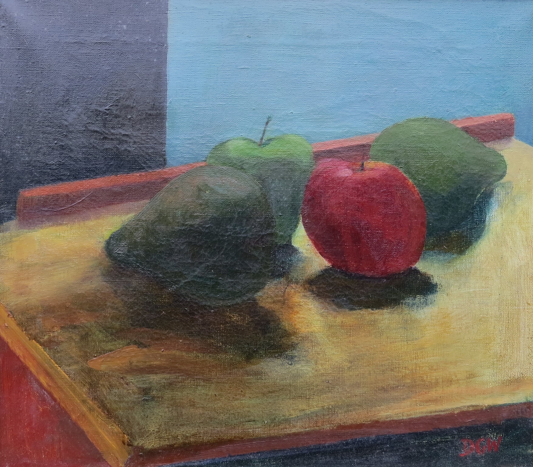 A framed oil on canvas still life study of Apples & Pears. Monogram bottom right DGW. Written - Image 2 of 5